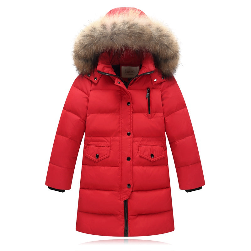 Children's Down Jacket with Fur Collar - Mid-Length Winter Coat