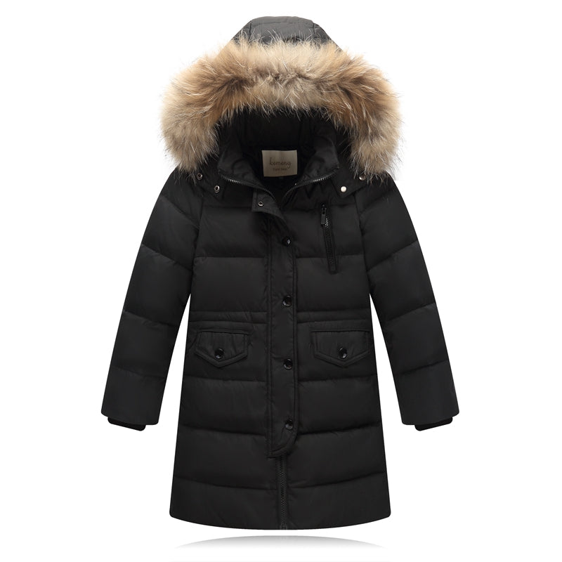Children's Down Jacket with Fur Collar - Mid-Length Winter Coat