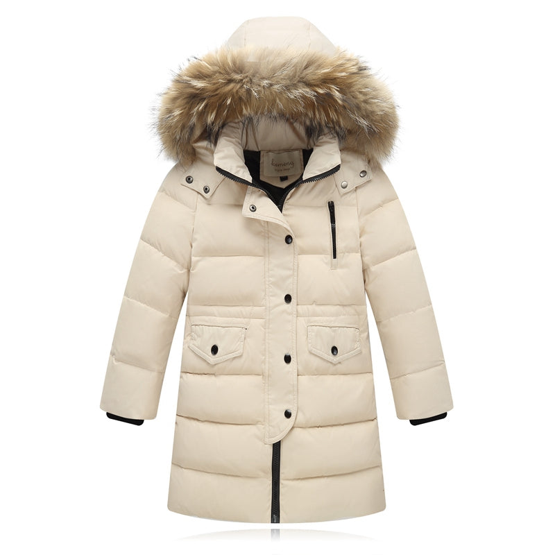 Children's Down Jacket with Fur Collar - Mid-Length Winter Coat